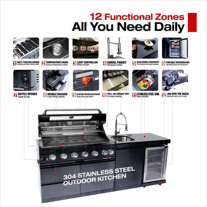 82 Inch 304 Stainless Steel Outdoor Integrated BBQ Kitchen Station (Black) | All-in-one 12-zone outdoor cooking station with 72000 BTU grill, built-in fridge & sink, rolling base for patio backyard