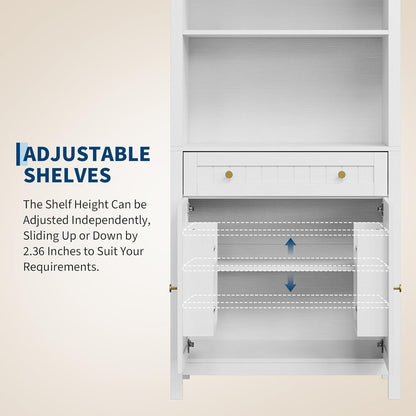 Modern Farmhouse Arched Pantry Cabinet 73" – Freestanding Tall Storage with Adjustable Shelves & Drawer – Accent Kitchen, Dining, Living or Bedroom Cupboard – Embossed White