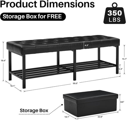 SOFTHION 55.5" End of Bed Bench, Faux Leather Entryway Bench, Black | Modern Leather Button Tufted Bedroom Bench, Upholstered Storage Shoe Bench with Metal Base for Living Room, Bedroom, Entryway