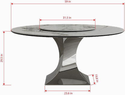 59" Round Sintered Stone Dining Table, Faux Marble Kitchen Table with Lazy Susan & Gray Stainless Steel Hourglass Base - Modern Luxury Dinner Table for 4-8 People, Scratch & Heat Resistant Surface