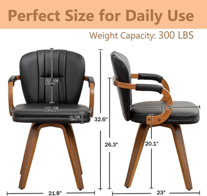 Swivel Dining Chairs Mid Century Modern Black Faux Leather Upholstered Kitchen Chairs with Bentwood Frame Armrests Side Chairs,Comfortable Ergonomic Wood Accent Chair No Wheels,1PCS
