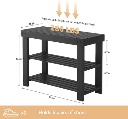 NEWBULIG Shoe Rack Bench, 3-Tier Bamboo Shoe Organizer, Wooden Entryway Storage Bench, 286 lb Load Capacity, 11.2x27.6x17.9 Inches, for Entryway Bathroom Bedroom Balcony, Black