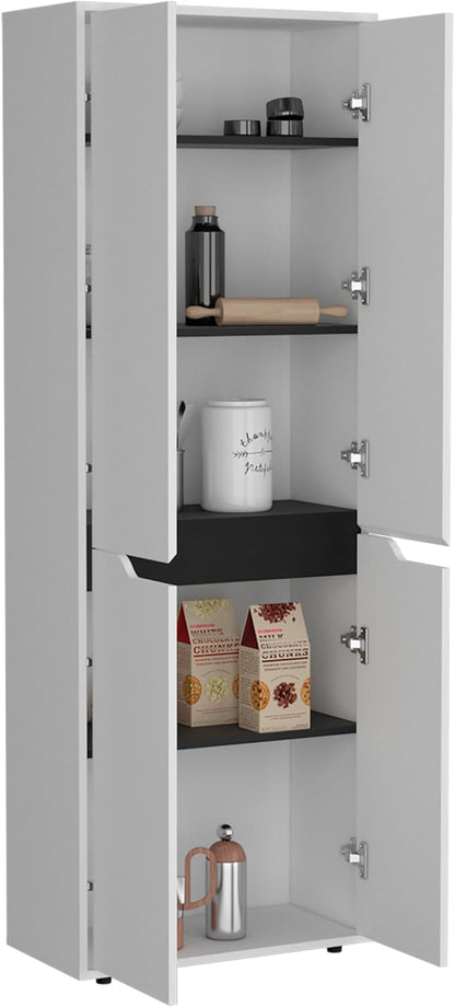 Modern Storage Cabinet Kitchen Pantry Four Doors Five Interior Shelves White Black Accent Kitchen Organizer