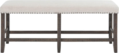 Jofran Willow Creek Distressed Pine Counter Height Dining Bench, Rustic Upholstered Bench for Dining Room Kitchen, Cream Fabric and Brown Wood