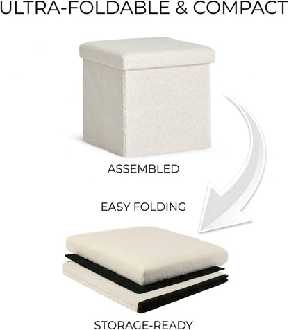 Luxe Go-Poufs Faux Fur Boucle Storage Ottoman, White, 15x15x15 in | Knock-Down Assembly, No Tools Required, Folding Flat Design, Hidden Compartment, Teddy Texture