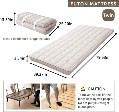 EMOOR Japanese Futon Mattress & Wood Slatted Bed Set Machi-OSMOS Twin (Earth-Natural), Solid Pine 3-Heights Adjustable Easy-Assemble Japanese Sleeping Bed Tatami Mat