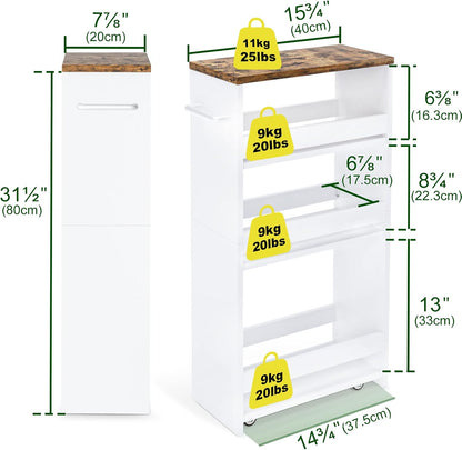 TEAMIX Slim Rolling Storage Cart, Wood 4-Tier Narrow Kitchen/Laundry Cart | 7.9"W Thin Cabinet with Wheels and Handle, Use as Spice Rack Next to Fridge, Laundry Room Organization Between Washer & Dryer