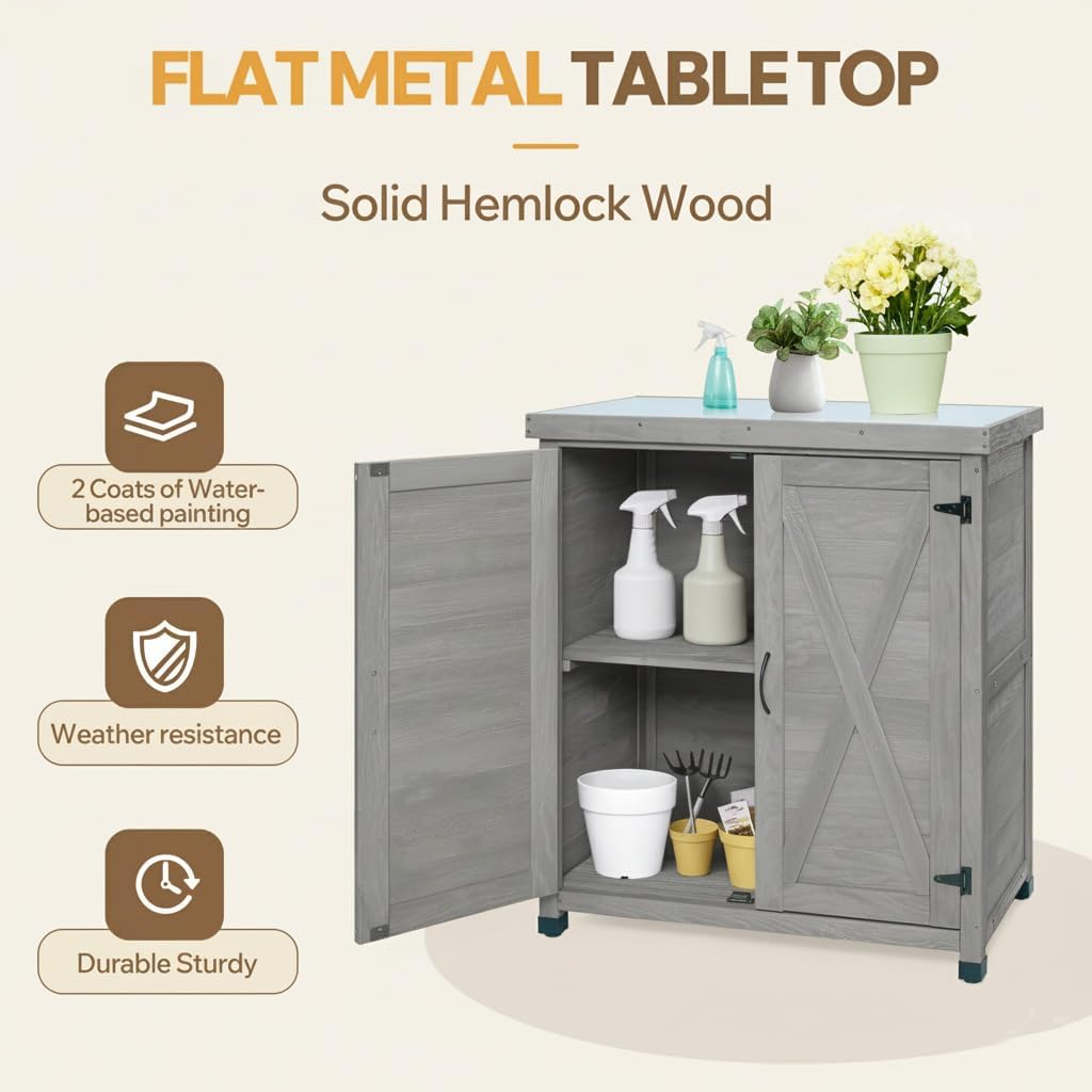 31" Weatherproof Living Room Cabinet, Practical Cabinets with X-Shape Frame, Storage Locker with Magnetic Door for Patio, Gray