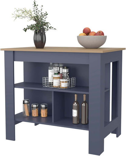 Ash and Blue Kitchen Island with Open Shelf, Particle Board | Two-tone finish with open shelves for organized storage