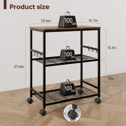 itchen Rolling Cart, 3-Tier Microwave Stand with Lockable Wheels, One-Piece Shelf, Kitchen Utility Storage Cart for Coffee Bar,Apartment, Dorm, Laundry Room, Office, 23.6" x 15.7" x 27.6", Brown