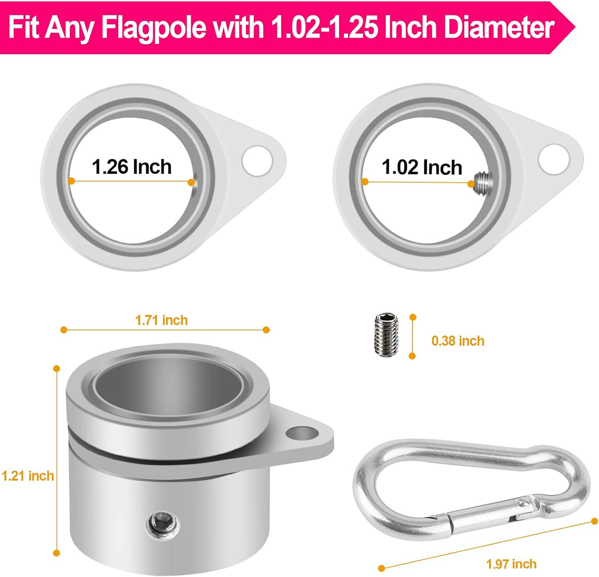1.25" Flag Pole Rings, 2 Pcs Anti Wrap Flag Pole Clips Swivels, 360° Rotating Flagpole Mounting Rings, Aluminum Alloy Spinning Flag Pole Kit Parts for 1.02-1.25" Diameter (1.25 Inch, Silver)