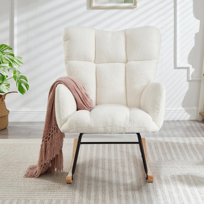 Glider Chair for Living Room Tufted Upholstered Teddy Fabric Rocking Chair with Metal Frame Accent Chair (Ivory)