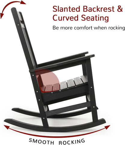 Stoog Patio Rocking Chair, All-Weather Porch Rocker, 400 lbs Weight Support, Never Fade or Rot, for Backyard, Fire Pit, Lawn and Garden, Black