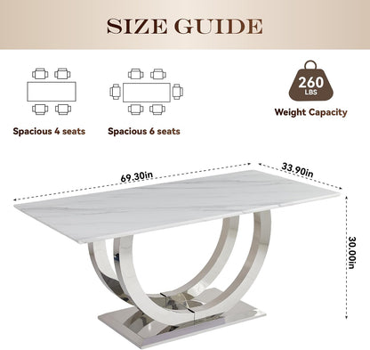 SSLine Modern White Marble Dining Table for 6,Luxury 69" Faux Marble Kitchen Table for 4 6 8, Rectangle Dining Room Table with Silver Stainless Steel U-Shape Base(1 Table Only)