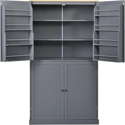 Freestanding Kitchen Pantry Cabinet with Adjustable Shelves and 2 Drawers Freestanding Cupboard with 8 Door Shelves Farmhouse Tall Kitchen Pantry, Grey