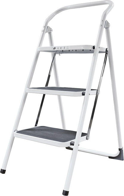 Amig - Folding Steel Stool - 3 Non-Slip Treads - Max Load 150 kg - Professional & Domestic Use - Space-Saving Design - Ideal for Small Heights, White, 103 cm, Alloy Steel