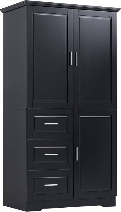 Merax 62.2" Pantry Cabinet with Three Doors & Three Drawers, Adjustable Shelves Storage Cupboard for Kitchen/Dining Room/Bathroom, Black
