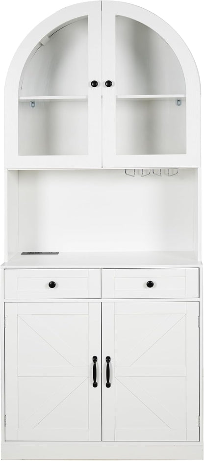 75" Farmhouse Tall Arched Pantry Cabinet with Charging Station, White | Adjustable Shelves, Open Countertop, Barn Door Lower Cabinet, Tempered Glass Display – Versatile Storage for Kitchen