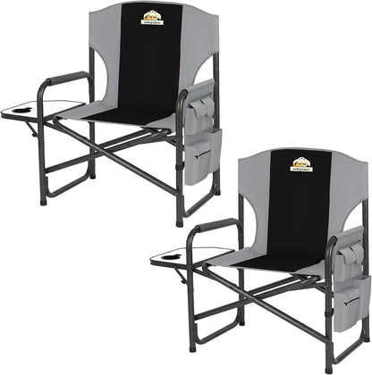 Colegence Oversized Directors Camping Chairs, 2 Pack, 600 lb, Black | Heavy duty outdoor chairs for adults, 28" wide seat, supportive back, side table, cup holder, detachable storage pocket