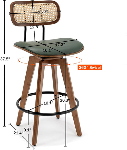 26" Rattan Bar Stools Set of 2, Faux Leather Counter Height Swivel Barstools with Rattan Backrest/Wooden Legs,Armless Mid Century Modern Bar Chairs for Kitchen/Dining Room/Bar Chairs,Green PU