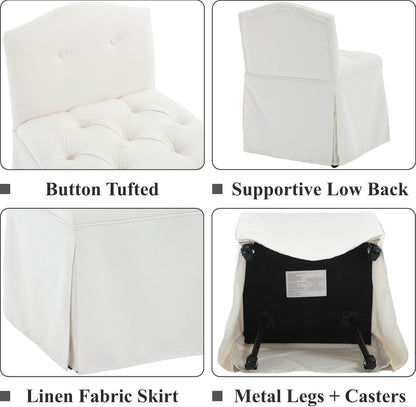 White Tufted Makeup Vanity Chair with Wheels, Small Upholstered Skirted Slipper Accent Chair with Low Back & Metal Legs, Armless Rolling Vanity Stool Desk Chair for Living Room Bedroom