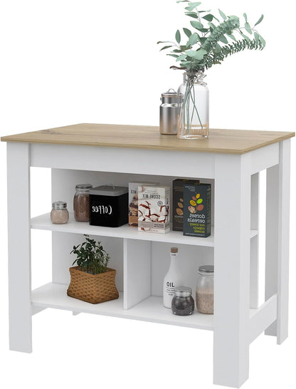 Kitchen Island Dozza with Three Shelves in White and Light Oak | Three storage shelves with dimensions for kitchen organization