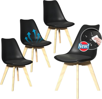 Dining Chairs Set of 4, Mid-Century Kitchen & Dining Room Chairs with Wood Legs and Cushion, Leather Dining Chairs Set for Living Room, Kitchen, Black 4 Pack