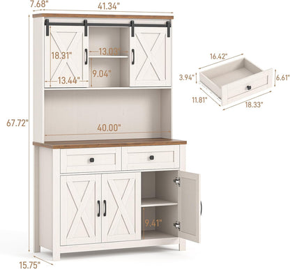 Befrases 67.7 Inch Farmhouse Pantry Storage Cabinet with Sliding Barn Doors, 2 Drawer Farmhouse Coffee Cabinet with Adjustable Shelf, Side Board with Buffet Cupboard for Livingroom Kitchen, White
