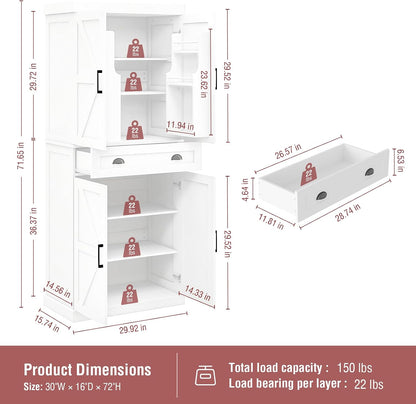 Tall Free Standing Kitchen Pantry Storage Cabinet, Wooden Farmhouse Style, Deep Organization for Kitchen