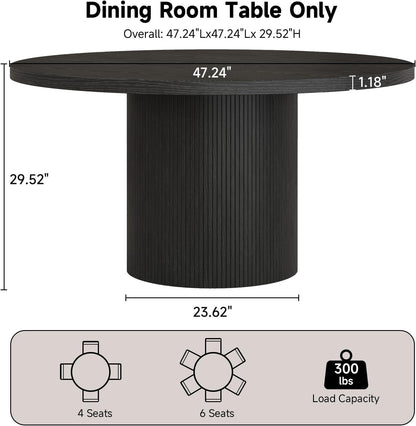 Round Kitchen Dining Table for 4-6 People, 47 inch Mid-Century Circle Dinner Tables, Rustic Wood Base in Fluted Design, Space Saving Dining Room Furniture, Large Table Only for Family Party, Black