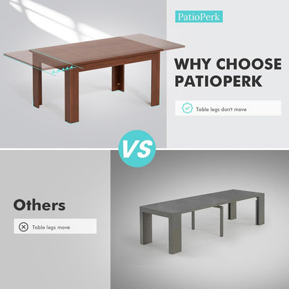 PatioPerk 54.3" to 84.5" Rectangular Extendable Dining Table, Solid Wood Expandable Kitchen Table with Hidden Leaf, Space Saving Dining Table for 4-8 People, Modern Dining Room Table(Bright Brown)