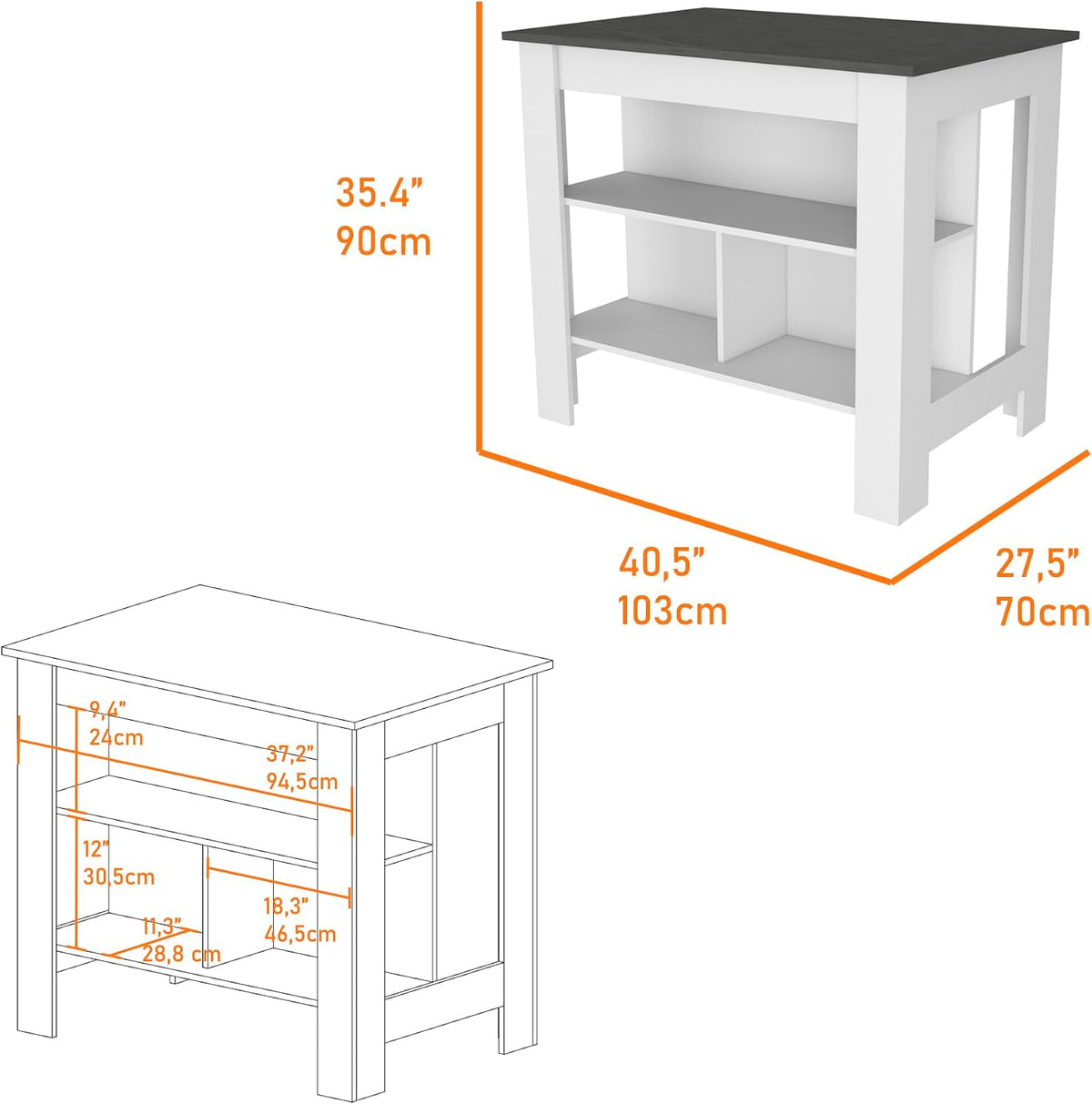 Kitchen Island with Three Shelves, White and Onyx Finish | Three storage shelves with varying dimensions for organized kitchen storage