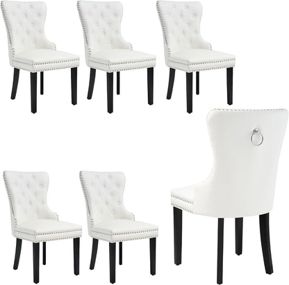PU Leather Dining Chairs Set of 6, Upholstered Dining Room Chairs with Solid Wood Legs & Back Ring Pull Trim Ring, Modern Dining Chairs Perfect for Dining Room,Living Room,Kitchen, White
