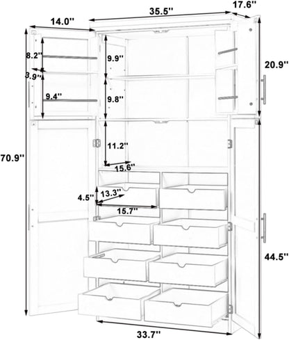 Hassyee 35.5 x 17.6 x 70.9 inch Freestanding Kitchen Pantry Cabinet, Tall Storage Cabinet with 4 Doors, 2 Door Shelves, 8 Pull-Out Trays and Adjustable Shelf for Dining Room (Gray)