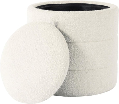 Storage Ottoman, 18 Inch Round Removable Lid, White Boucle Fabric