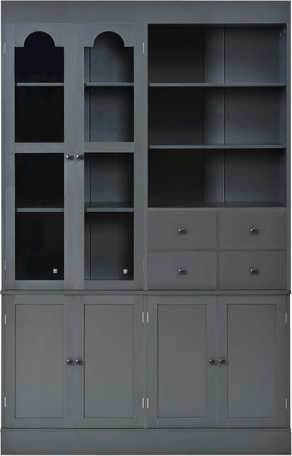 Merax Wood Kitchen Pantry with 4 Drawers, 3 Cabinets and Hutch, Tall Cupboard Dining Storage Cabinet with Door Shelves and Pull-Out Trays for Living Room, Kitchen, Dining Room Gray