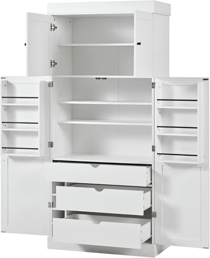 Polibi 77" Tall Freestanding Kitchen Pantry Cabinet, 35" L x 17.7" W Modern Shaker Style Storage Cupboard with Adjustable Shelves, Wine Racks, Drawers, Door Shelves, White