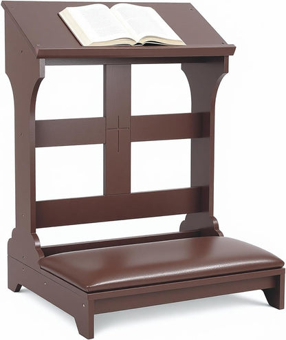Prayer Kneeler with Built-in Tabletop – Solid Wood Prayer Bench, Faux Leather Cushion, Compact 23"x20"x32" for Home ChurcWorship Ebony