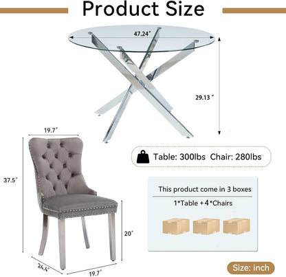 Round Glass Dining Table Set for 4, Small Kitchen Table Set for 4, 47" Round Glass Table and Chairs Set of 4, 5 Piece Round Dining Room Table Set with Grey Velvet Chairs for Breakfast Dinette Cafe