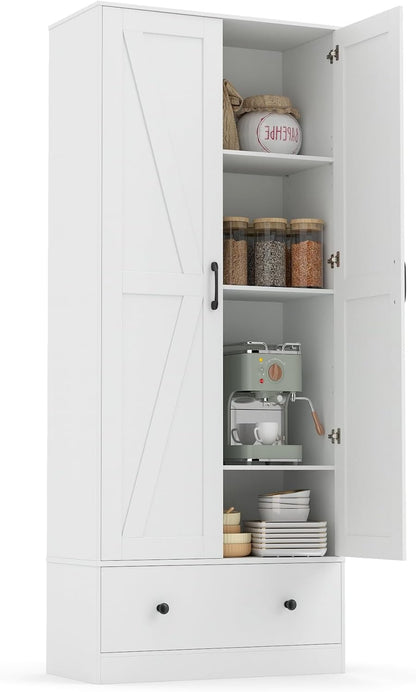 Giantex 72" Tall Kitchen Pantry Cabinet, Farmhouse Wooden Cupboard w/ 2 Doors, Drawer & Adjustable Shelves, Freestanding Versatile Storage Cabinet for Dining Room Living Room Bathroom (White)