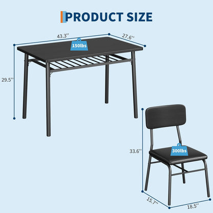 GarveeHome Dining Table Set for 4 with Storage Rack, Black | 5-Piece Kitchen Table and Upholstered Chairs, Wood Tabletop, Heavy-Duty Metel Frame, for Small Space, Apartment, Kitchen Room
