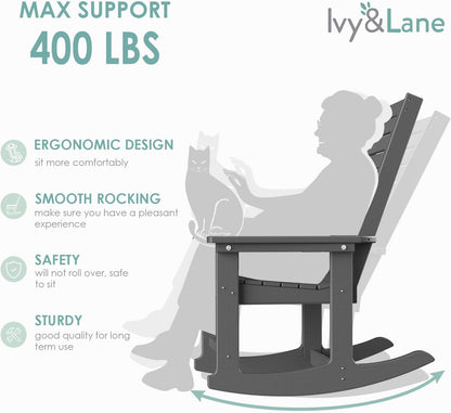 IVY&LANE Outdoor Rocking Chairs Set of 2 | Porch-Rockers | Grey | HDPE Plastic | All-Weather | High Back | Wide Seat | Oversized Patio Rocker for Adult | for Outside Deck Balcony Garden