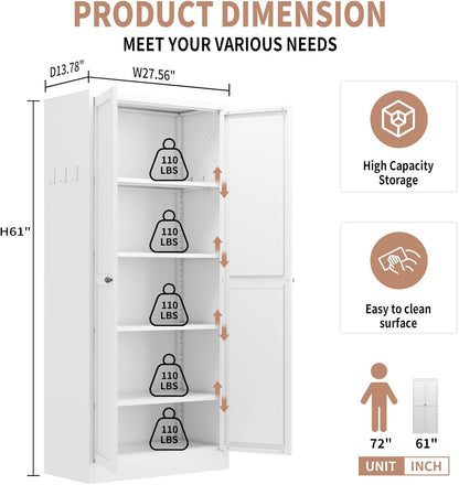 Tall White Metal Kitchen Pantry Cabinet, Stainless Steel Frame Storage Cabinet with Adjustable Shelves & Glass Doors, for Small Kitchen Pantry Living Room Bathroom, 27.6x13.8x72 Inches