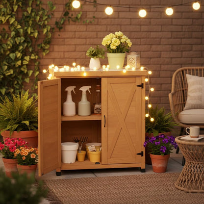 31" Weatherproof Small Storage Cabinet, Storage Cabinets with X-Shape Sturdy Design, Tool Cabinet with Magnetic Door for Patio and Garage, Light Brown