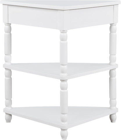 Small Triangle Corner Table Wood Corner Side Tables with Drawer & 2 Open Shelves 3 Tier End Corner Table with Solid Wood Legs for Small Spaces Living Room - Milk White