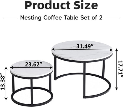 Nesting Coffee Table White Marble Pattern Wooden with Black Frame | 31.49" Round Coffee Tables for Living Room, Waiting Room, Apartment, Office, Balcony, Set of 2