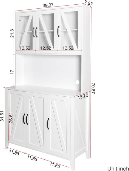 70.87" Kitchen Pantry Cabinet, 39.37" W Kitchen Hutch with Microwave Stand, Wooden Buffet Cabinet with Glass Doors Freestanding Kitchen Cupboard Buffet Cabinet for Kitchen Dining Room, White