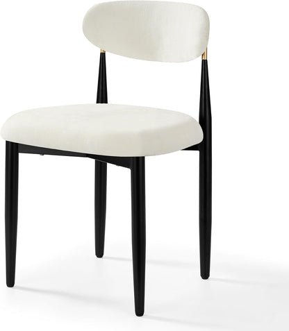 Morden Fort White Set of 2 Armless Upholstered Chenille Dining Chairs with Black Metal Legs and Gold Accent Back
