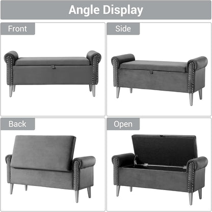 Storage Bench for Bedroom- Grey Velvet Bench with Storage 47" | Featuring Rolled Arms Decorative Nailhead Trim Safety Hinge Large Storage Space for Living Room, Entryway Pet Friendly