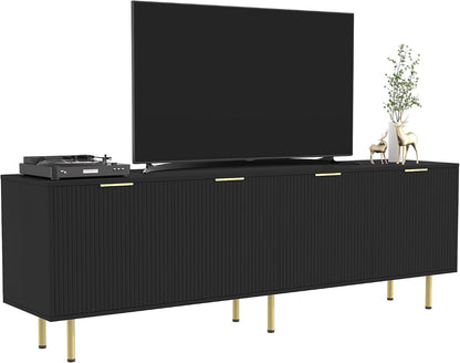 TV Stand for 80 Inch TV, Fluted TV Stand for Living Room, Mid Century Modern TV Stand with Adjustable Shelf, TV Entertainment Center with Storage for Bedroom, 70Inch, Black